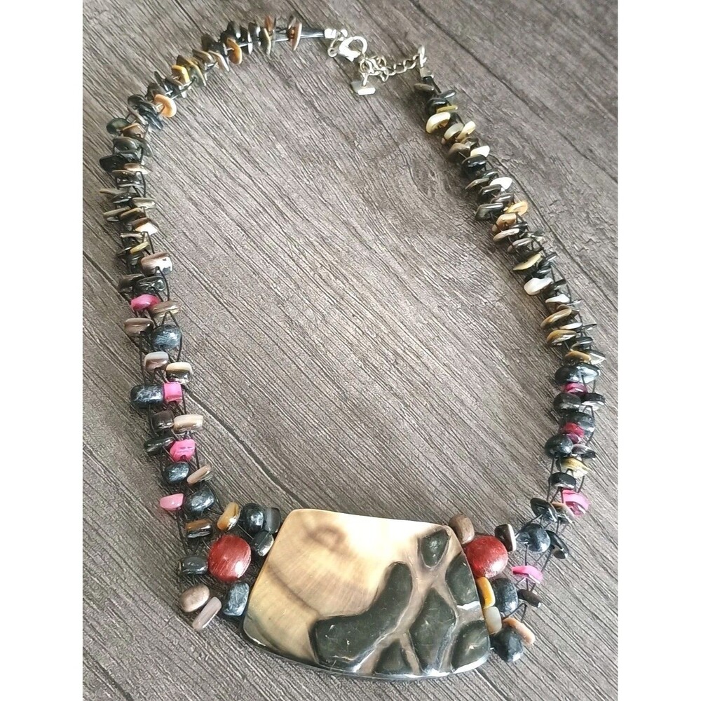 Bold Earthy Statement Multicolor Shell Chips Carved Abstract Pendant Necklace